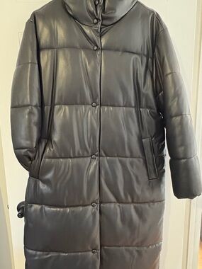 Mango Black Quilted Faux-Leather Long Puffer Coat